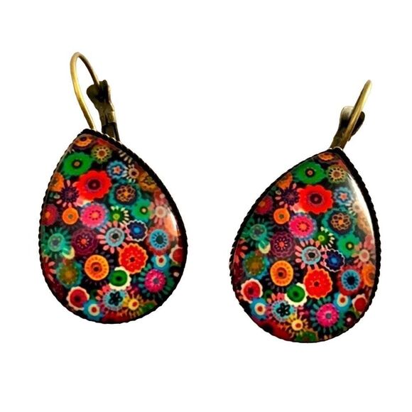 Folk Art 1960s Style Boho Flower Power Earrings, Teardrop Hippie - Gift Ready - Picture 1 of 12